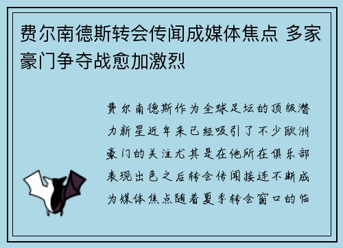 费尔南德斯转会传闻成媒体焦点 多家豪门争夺战愈加激烈