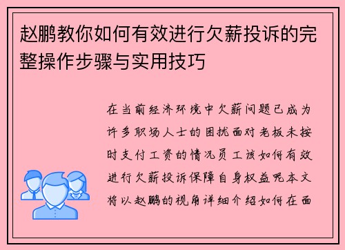 赵鹏教你如何有效进行欠薪投诉的完整操作步骤与实用技巧 赵鹏教你如何有效进行欠薪投诉的完整操作步骤与实用技巧